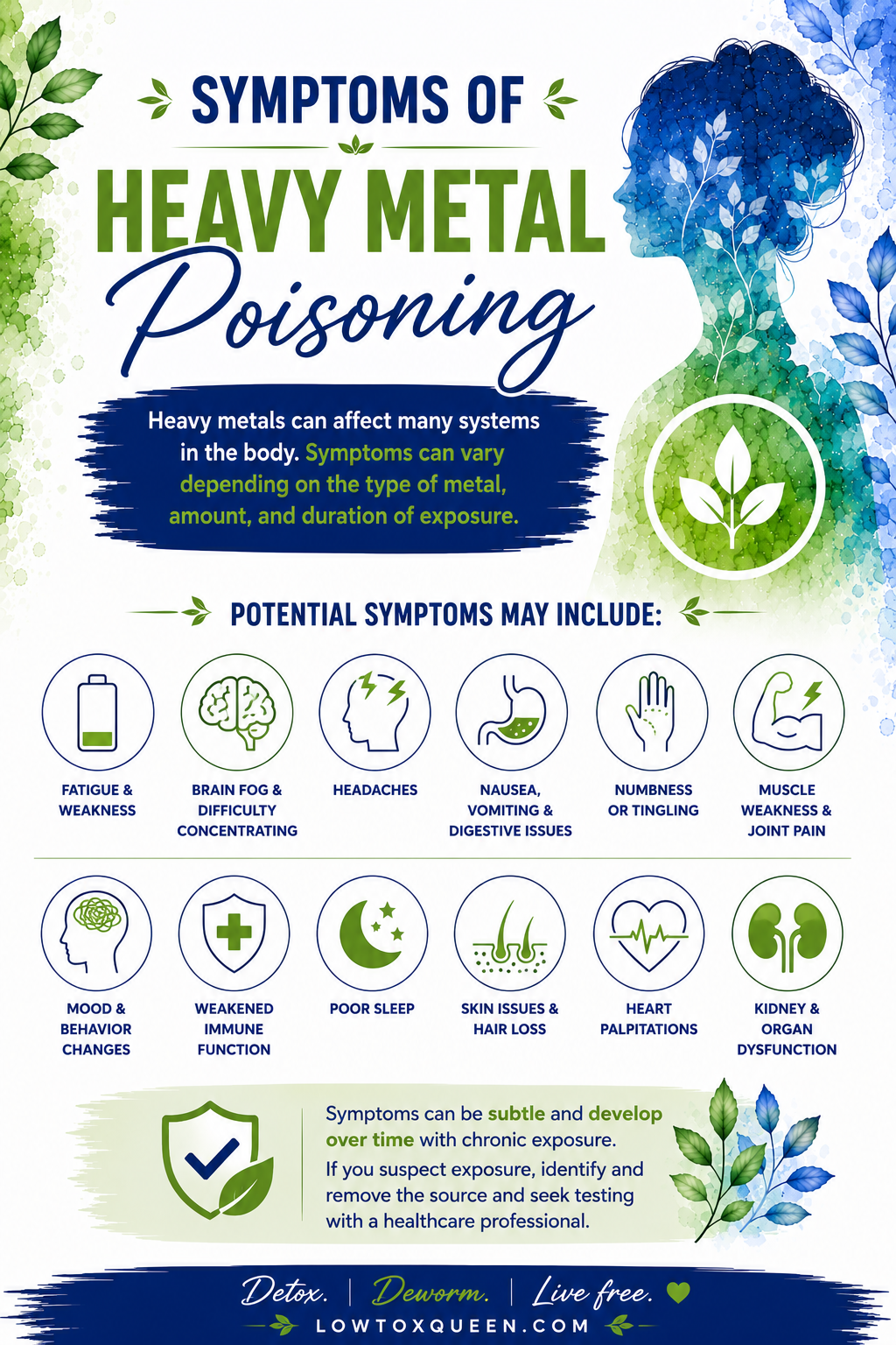 What is heavy metal poisoning infographic explaining symptoms and potential effects of toxic heavy metal exposure, including fatigue, brain fog, headaches, digestive issues, numbness, sleep problems, and kidney concerns.