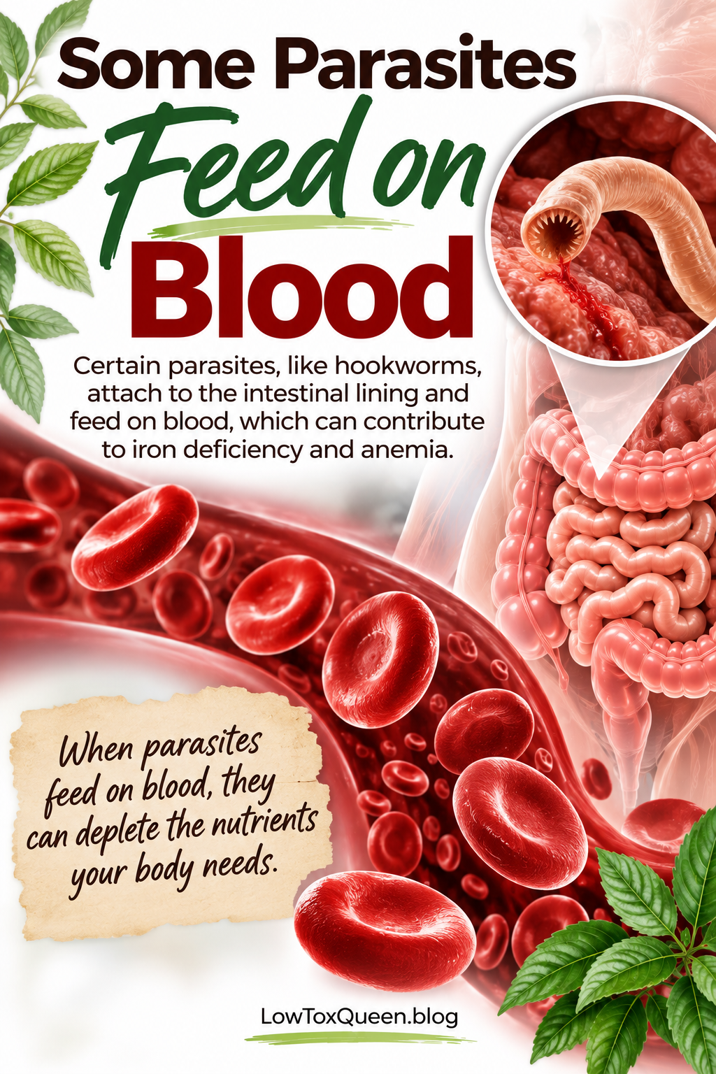 What does a parasite do to humans? Some parasites, including hookworms, feed on blood and can contribute to iron deficiency and anemia.