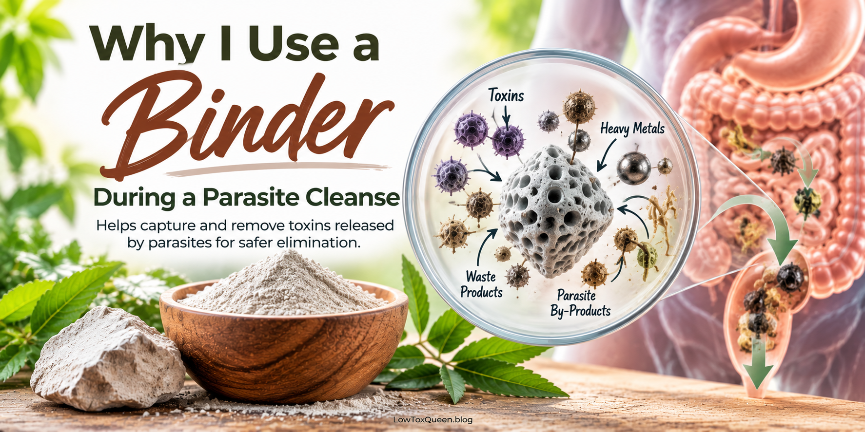 What kills off parasites in your body? Illustration showing how a binder may capture toxins and waste during a parasite cleanse.