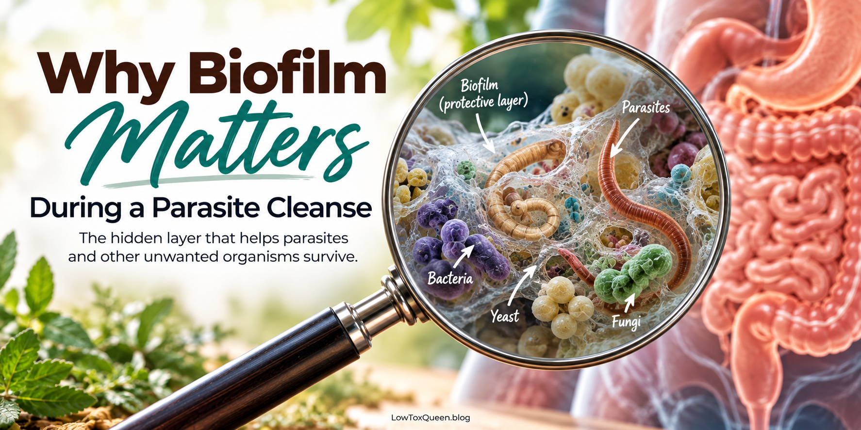 What kills off parasites in your body? Illustration showing biofilm as a protective layer around parasites and other microorganisms during a parasite cleanse.