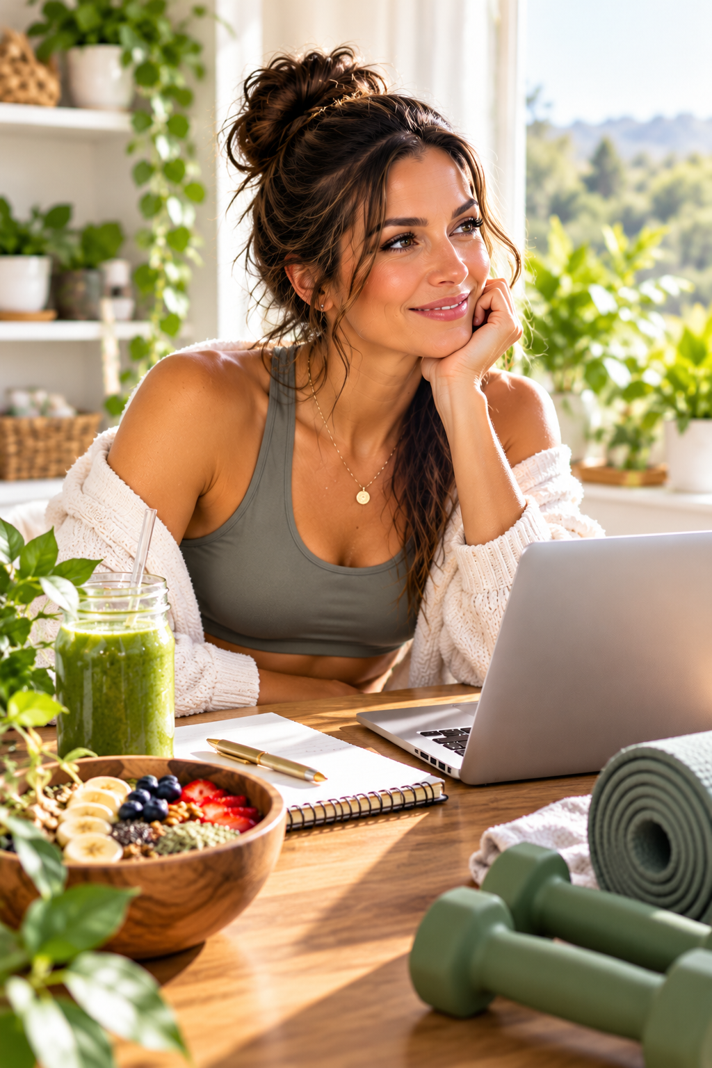 Sporty, health-conscious woman working on a laptop from home, illustrating how to make money selling health and wellness products from home through a wellness-focused online business.