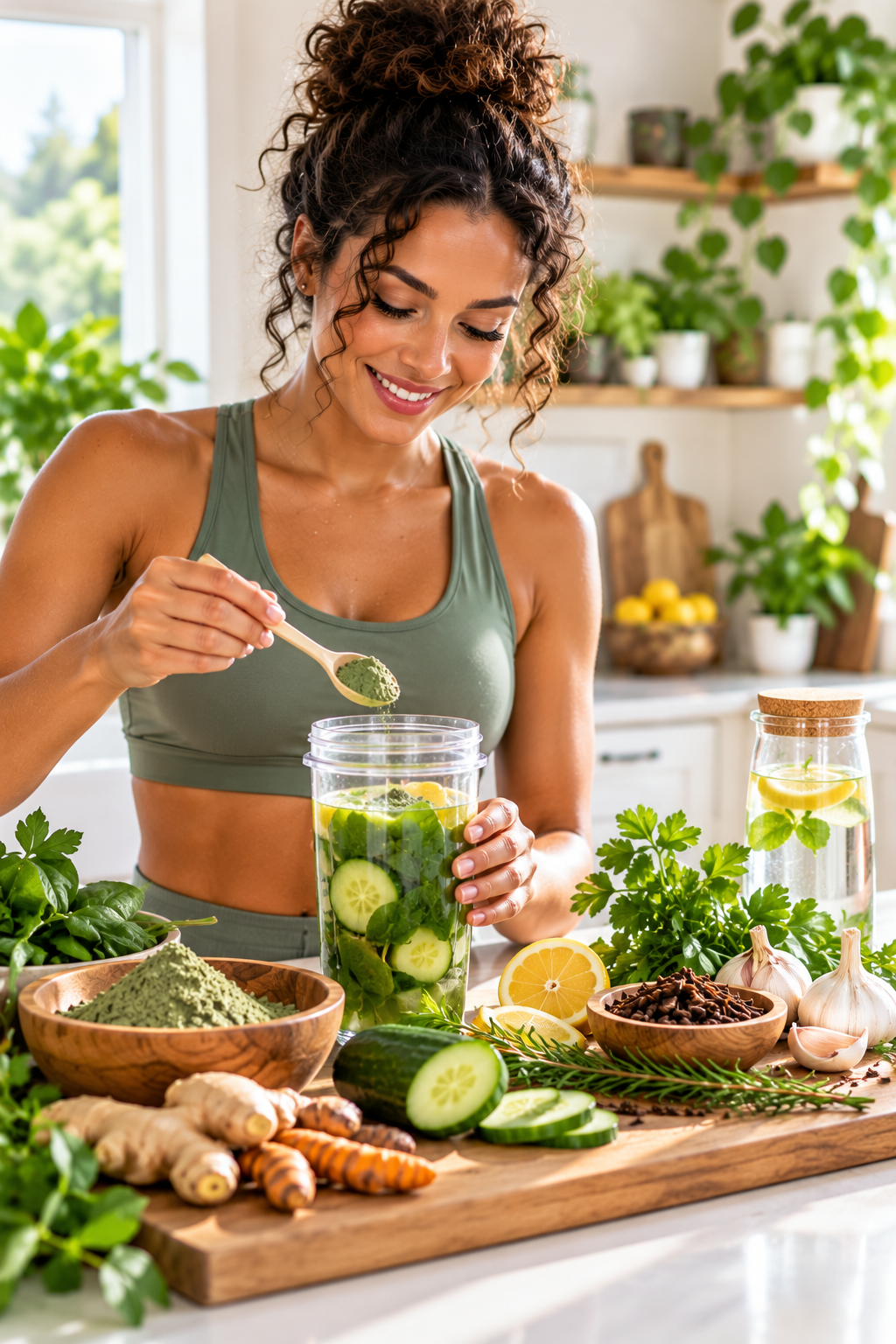 Healthy, active woman preparing a natural wellness routine with herbs and detox ingredients, illustrating how to make money selling health and wellness products from home.