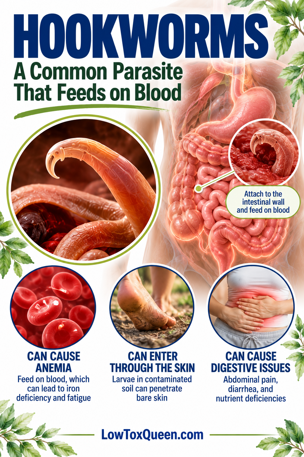What are the five most common parasites? Hookworms attach to intestinal walls, feed on blood, and can cause anemia, fatigue, and digestive problem