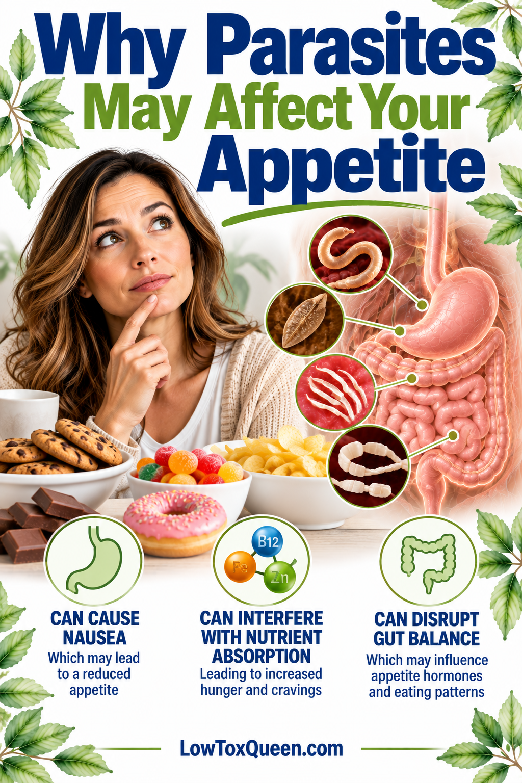 What do you crave when you have a parasite? Infographic showing how parasites may affect nutrient absorption, including iron, zinc, and vitamins.