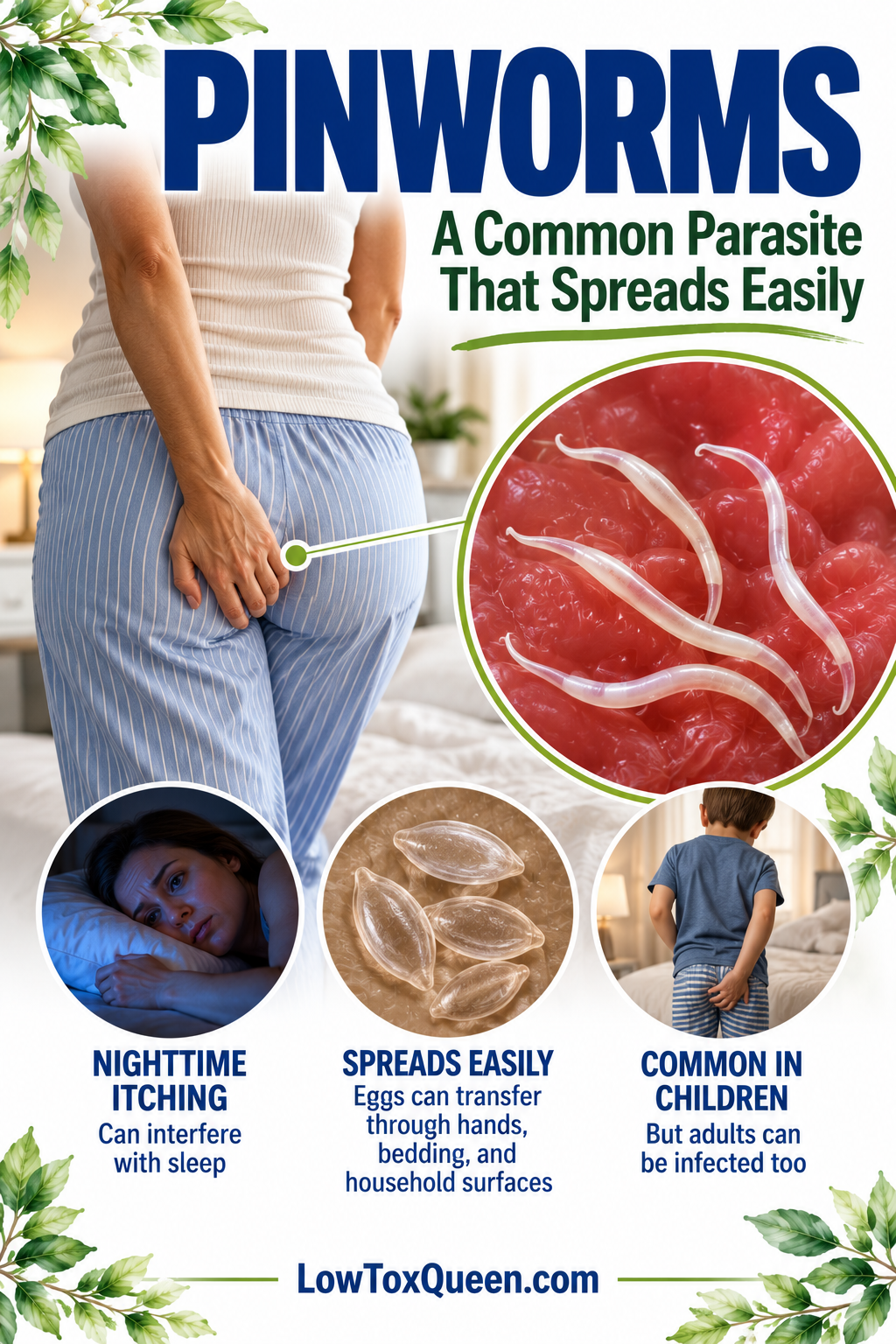 What are the five most common parasites? Pinworms can cause nighttime anal itching, disturbed sleep, and spread through contaminated hands, bedding, and surfaces.