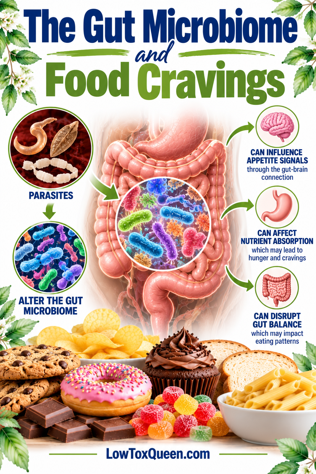 What do you crave when you have a parasite? Infographic showing how parasites may alter the gut microbiome, affect appetite signals, and influence food cravings.