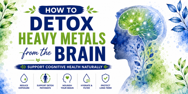 How to detox heavy metals from the brain infographic outlining natural ways to support brain detox, including reducing toxin exposure, supporting detox pathways, nourishing the brain, binding