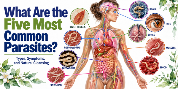 What are the five most common parasites? Illustration of liver flukes, pinworms, roundworms, hookworms, and tapeworms, showing organs parasites can affect.
