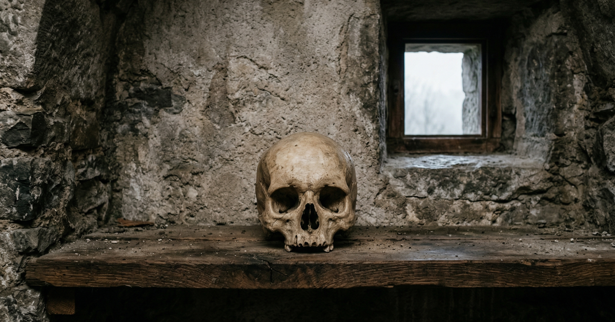 A human skull resting on a worn wooden shelf in a stone alcove, with a small window cut into the stone wall to the right.