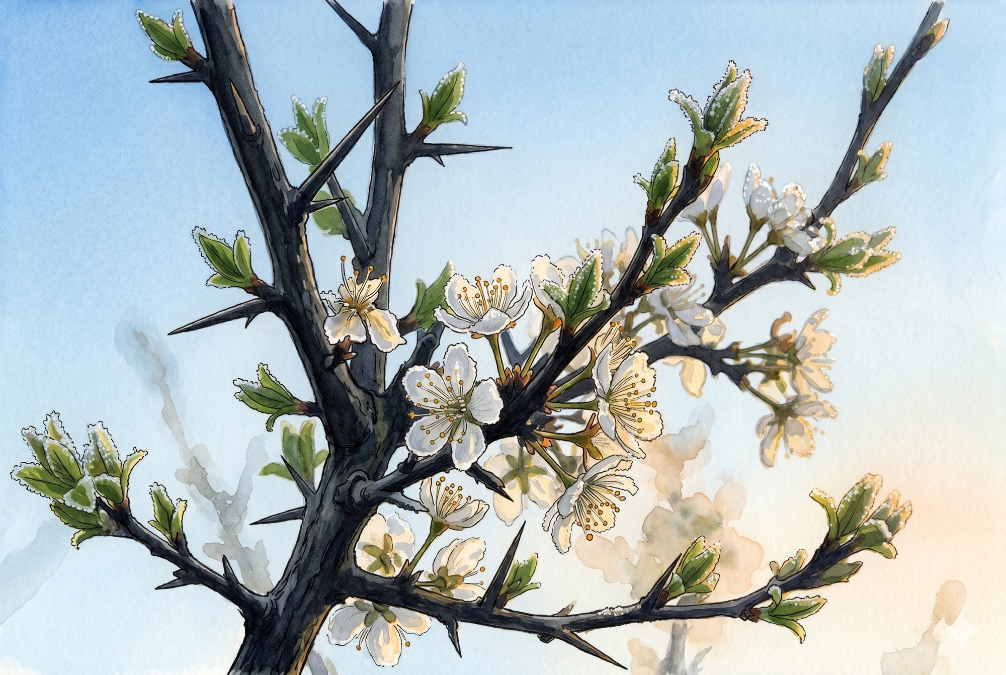 Blackthorn branch in full white blossom on bare dark wood, no leaves, thorns visible against a cold grey sky.