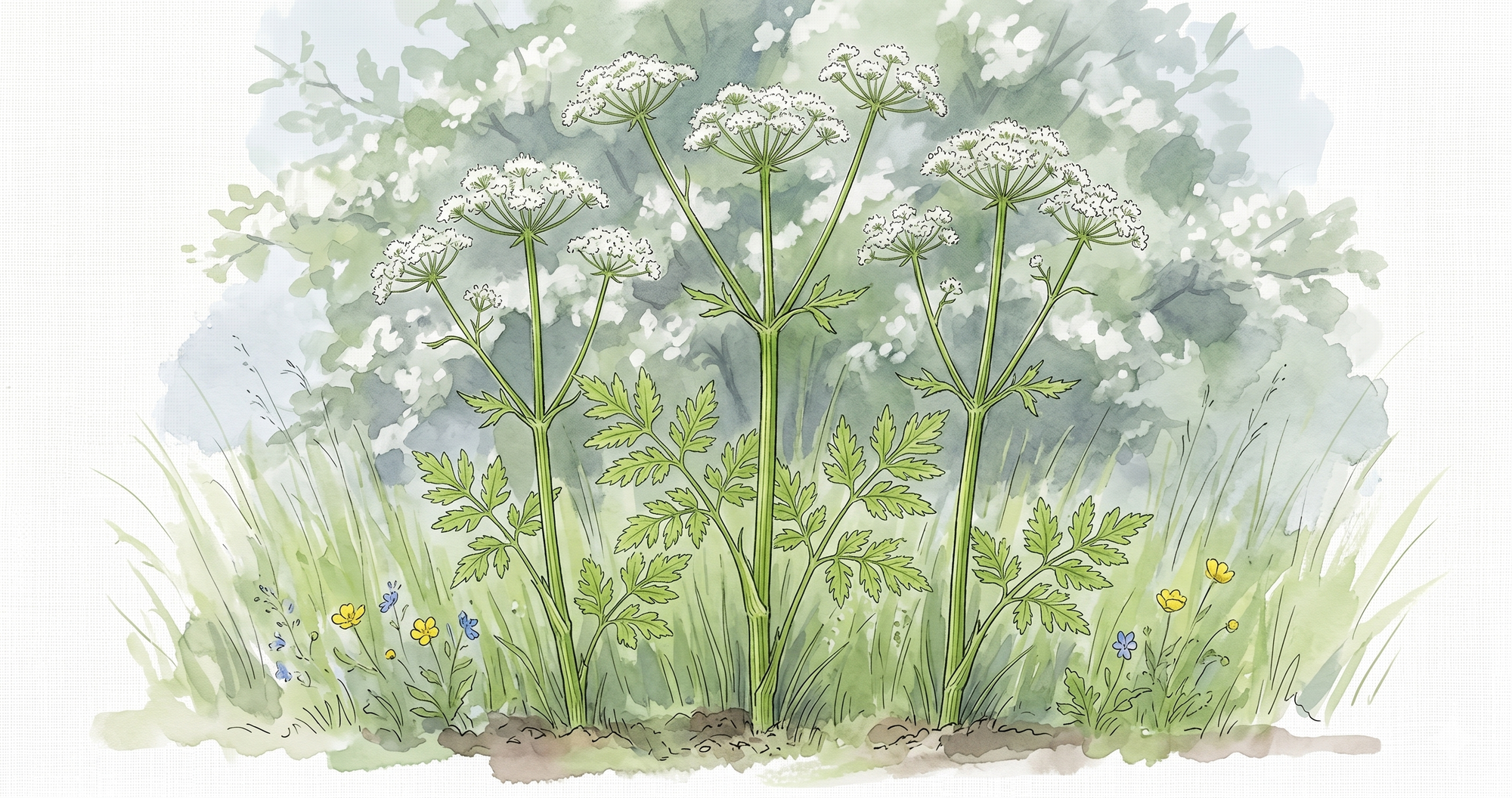 Cow parsley (Anthriscus sylvestris) in full white flower on an English lane verge in May, showing the hollow ridged bright green stems and finely divided leaves.