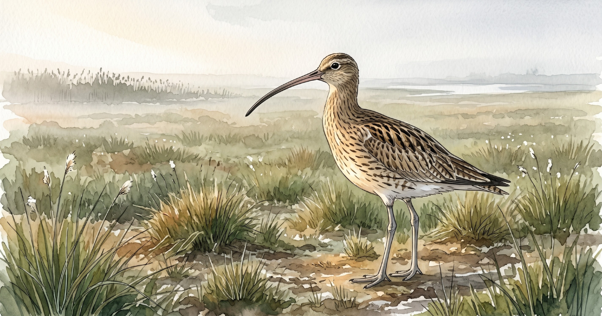 A single curlew (Numenius arquata) standing on wet grassland in late May, its long down-curved bill in profile, with rough tussocks of soft rush, distant reedbed and a glimpse of open water beyond.