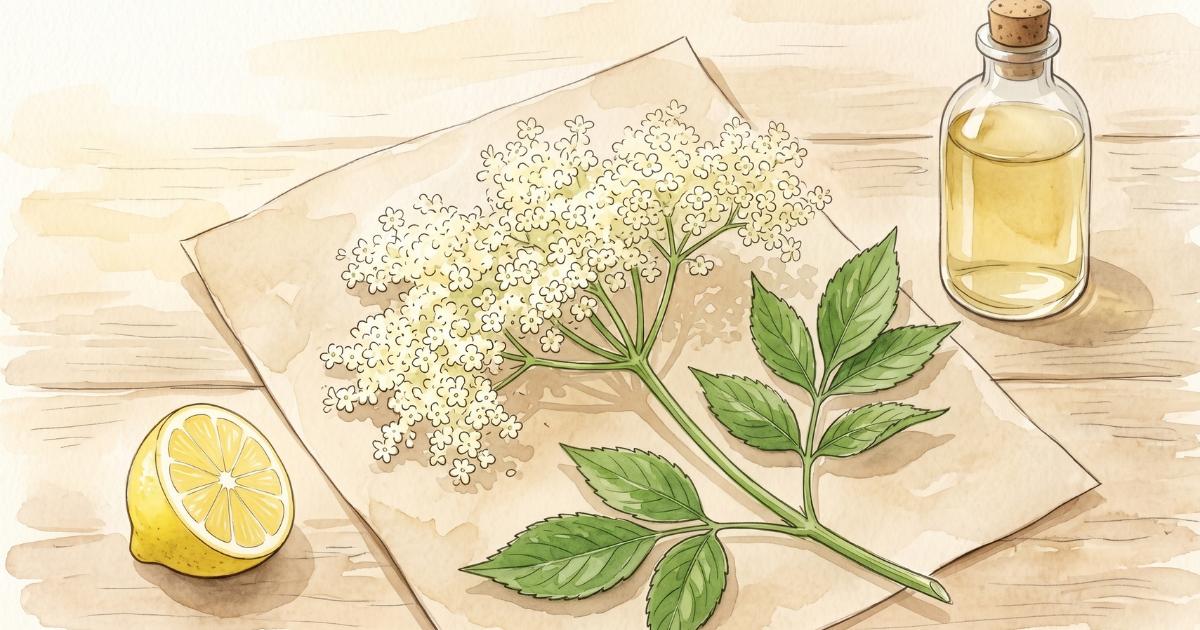 Elder umbel in cream lace against a scrubbed kitchen board, jar of cordial syrup in the corner, morning light from the left.
