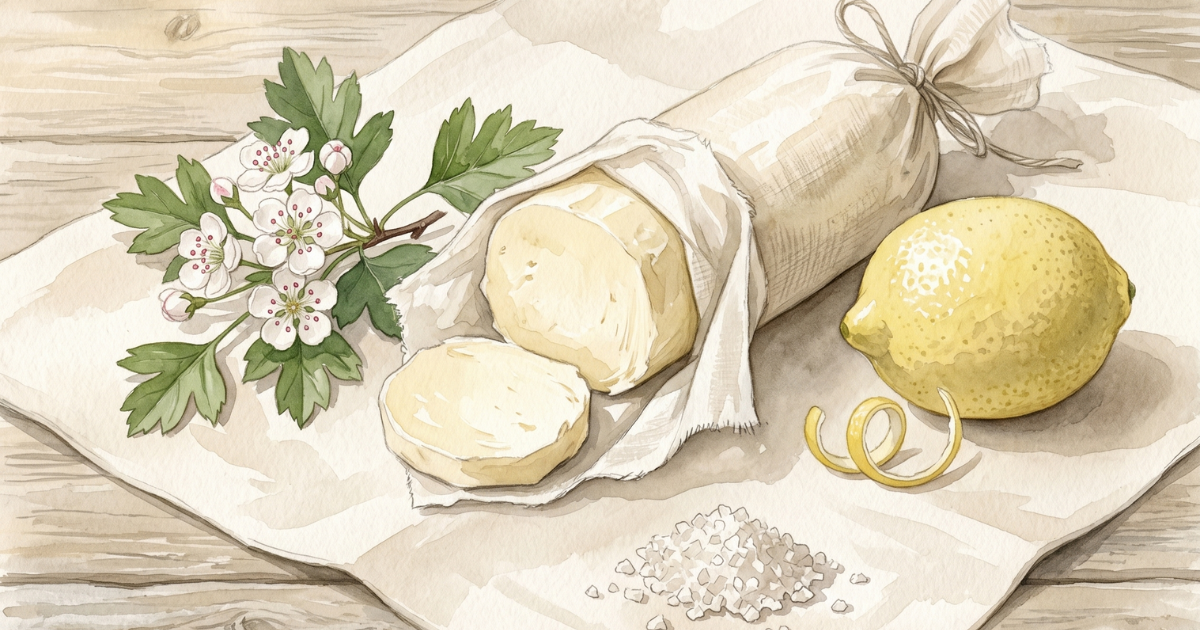 Watercolour still-life of hawthorn blossom butter on a linen cloth over weathered pale oak. A compound butter log lies rolled in muslin and tied with string, with a slice of butter beside it, a sprig of hawthorn blossom to the left, a whole unwaxed lemon with a curl of zest to the right, and a small mound of flaky sea salt in the foreground.