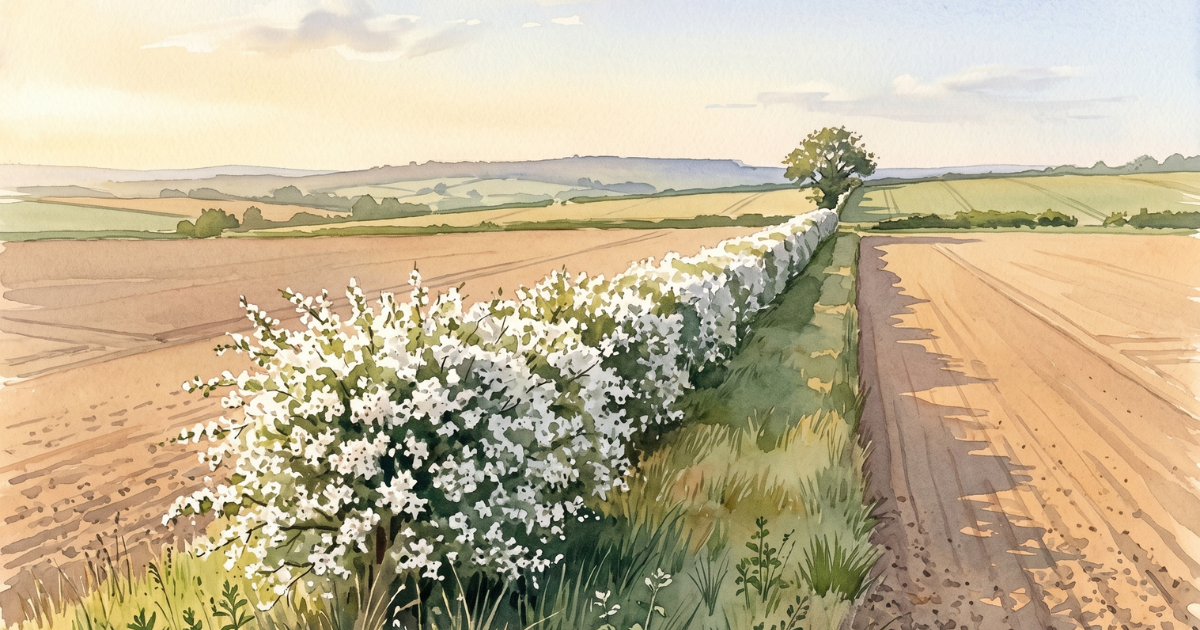 Watercolour illustration of an enclosure-era hawthorn hedge in full white blossom, running in a dead-straight line diagonally across a Hertfordshire arable field in mid-May. Open worked fields lie either side, with a low chalk ridge in the distance under a late afternoon sky.
