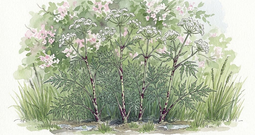 Hemlock (Conium maculatum) in flower on a damp English lane verge, showing the smooth pale stems heavily blotched with purple-red and the sharply cut darker green leaves.