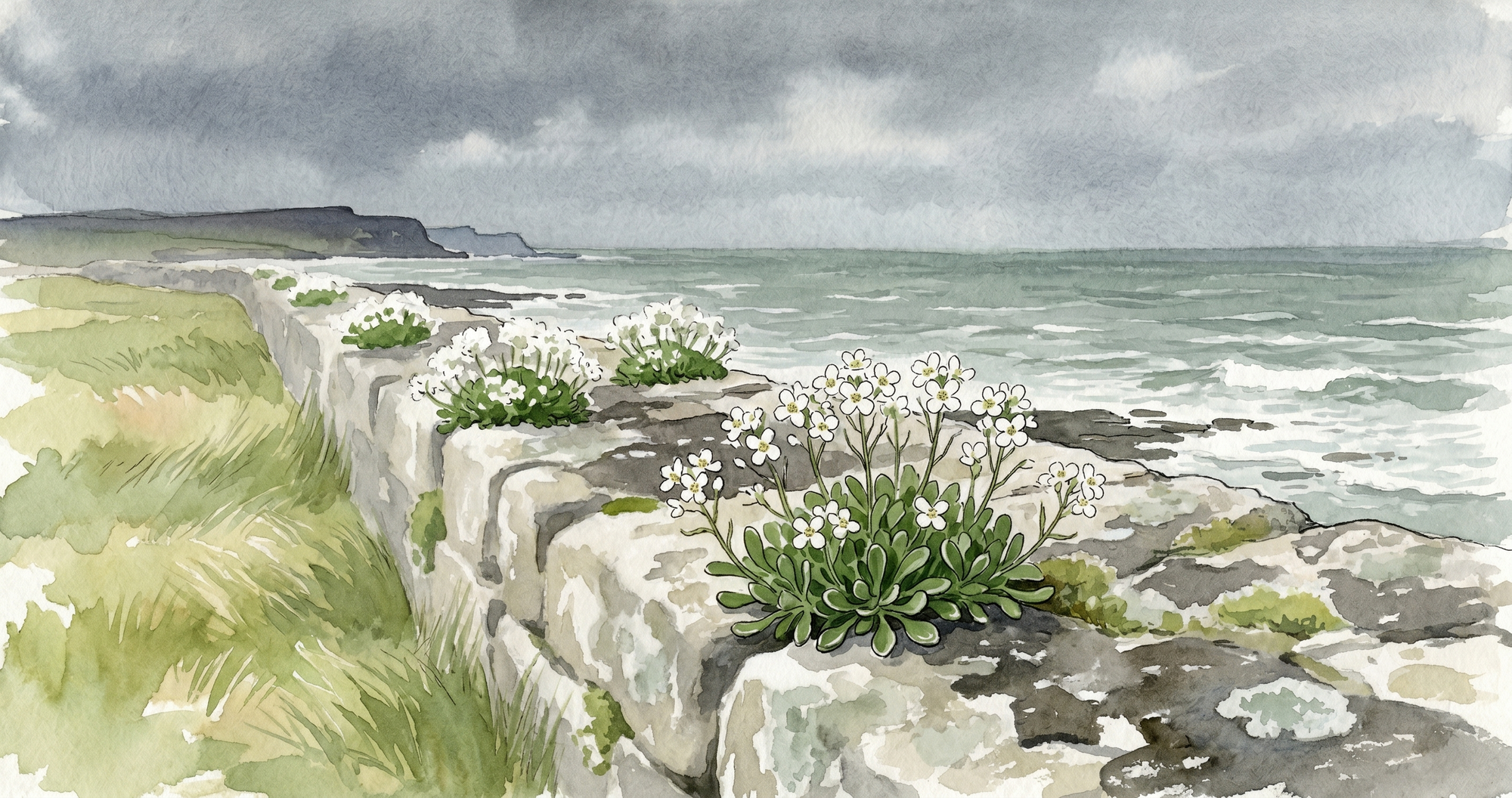 Small white-flowered plants growing in crevices of a salt-weathered coastal wall, sea visible in the background.