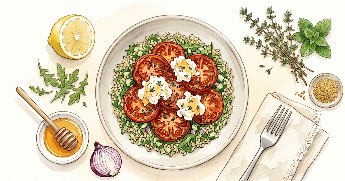 A round plate of green bulgar wheat tabbouleh topped with roasted tomato slices and dollops of honeyed sheep's cheese, with lemon, thyme, mint, rocket, red onion, bulgar and honey alongside.