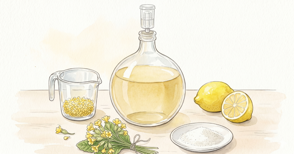 Cowslip wine in the making: a glass demijohn with airlock holding pale-gold wine, a measuring jug of yellow cowslip pips, lemons, sugar, and a fresh cowslip bunch.