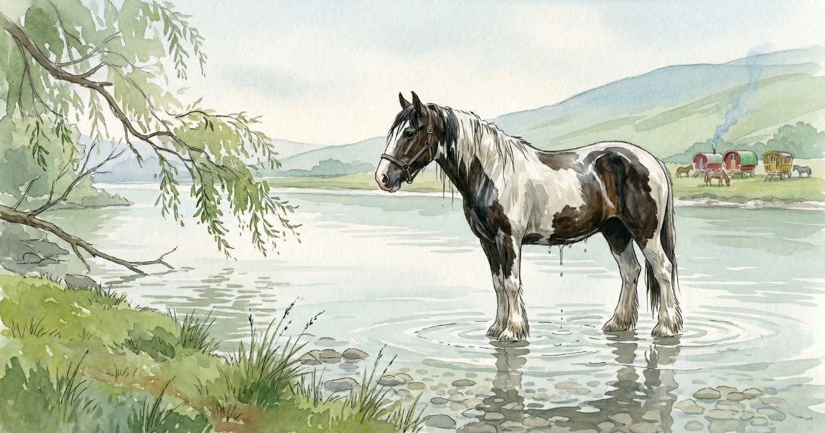 A piebald cob stands alone in a shallow river, its wet coat shining and rings spreading from its legs, with painted bow-top caravans gathered on the far bank below green fells.
