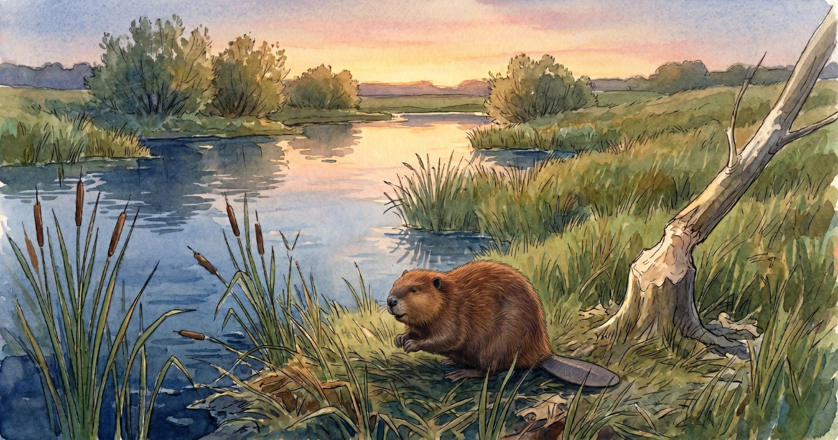 Watercolour illustration of an adult beaver at the grassy edge of a still wetland pool at dusk, with reeds, a gnawed felled sapling and willow scrub, the sky glowing gold above the water.