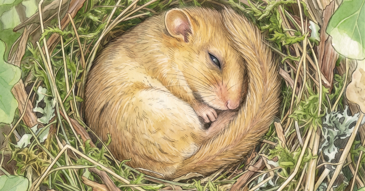 A hazel dormouse asleep, curled nose-to-tail with its furred tail wrapped round it, in a loose nest of woven bark and grass, ringed with hazel leaves, nuts and a catkin.