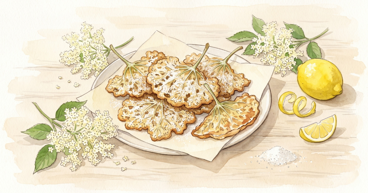 Golden elderflower fritters dusted with caster sugar, piled on a plate, with fresh elderflower sprigs, a lemon and a peel curl and a heap of sugar arranged on pale scrubbed wood.
