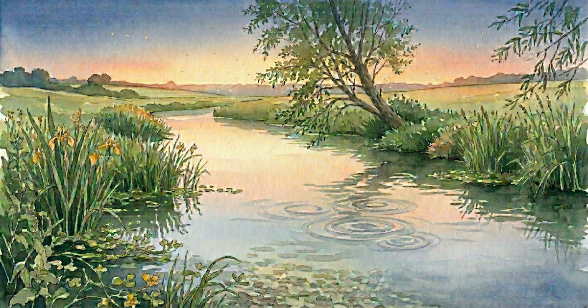 A chalk stream at dusk under a soft afterglow sky, rings spreading on the still water where trout have risen, and a faint swarm of mayfly high in the air beside a leaning willow.