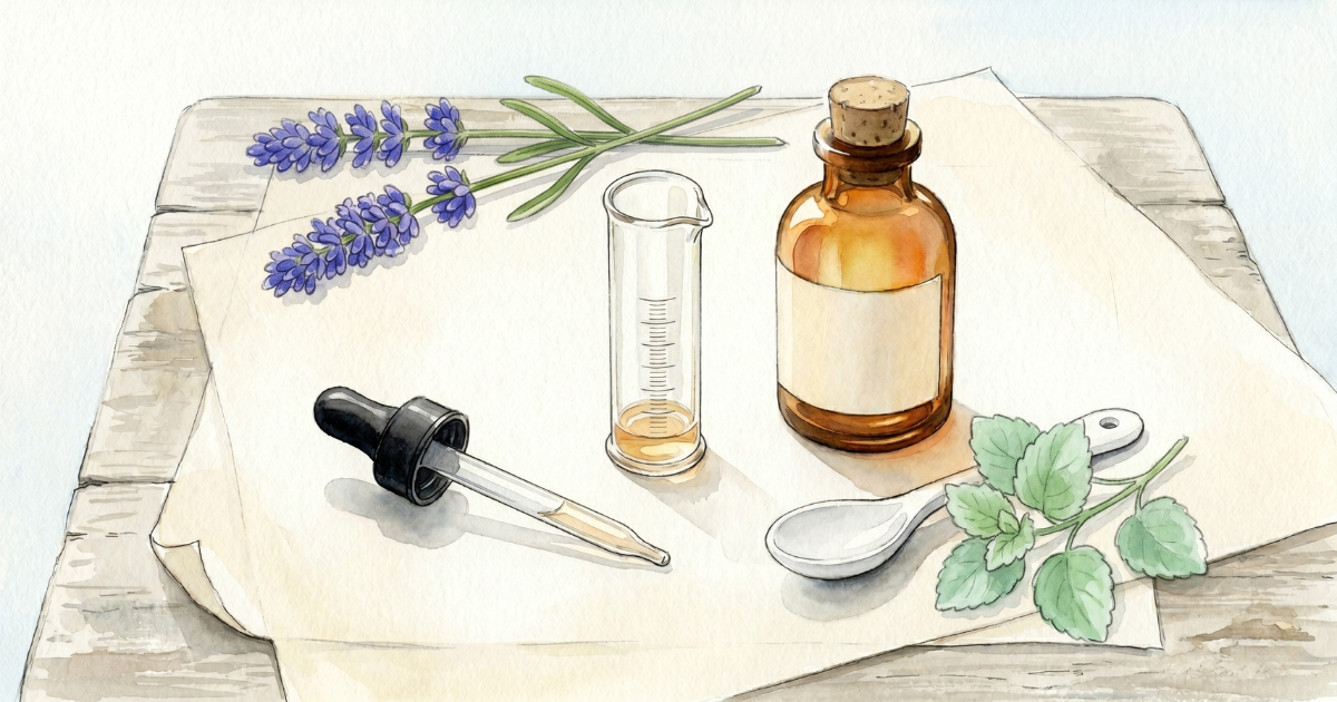 A still-room flat-lay on pale paper: a conical etched minim glass of amber tincture, a glass dropper, a corked amber bottle, lavender and lemon balm sprigs, and a small white spoon. 