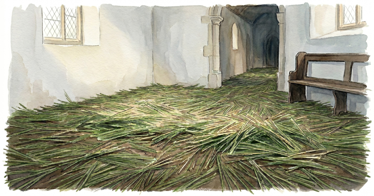 Fresh green rushes strewn across the bare earth floor of a plain old parish church, soft light falling from a leaded window, a stone pillar and a dark wooden bench beyond.