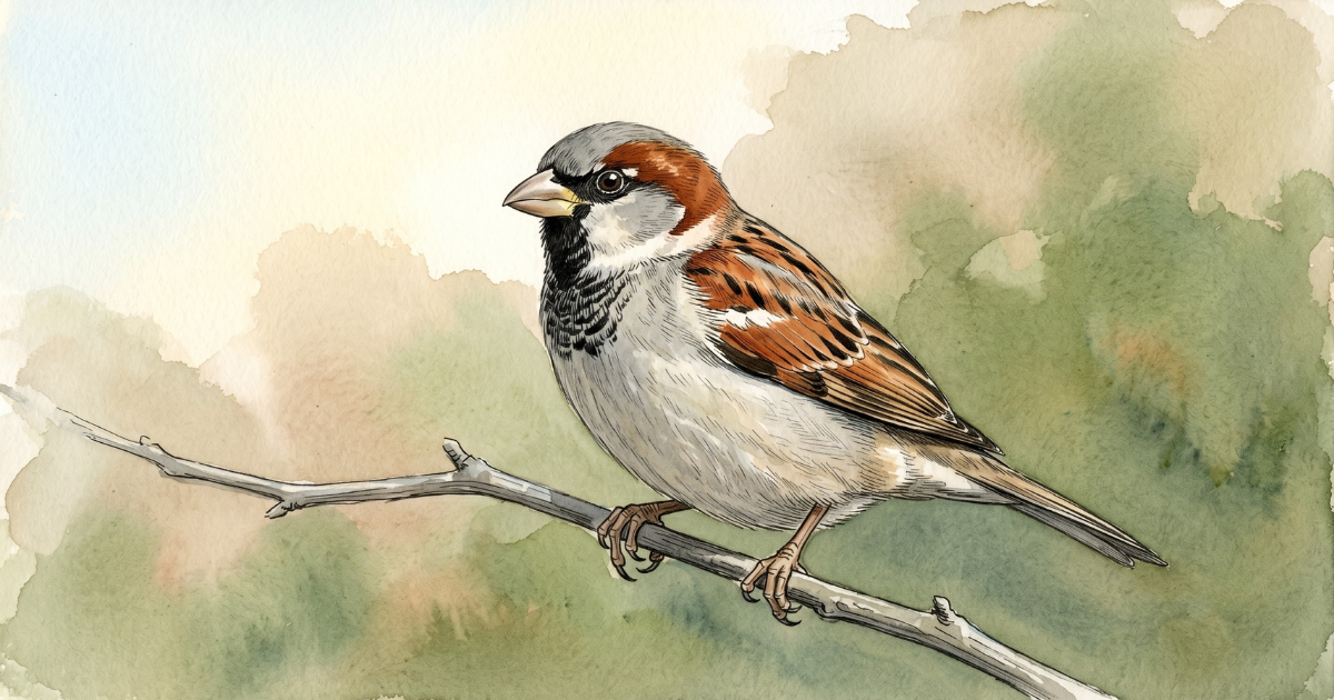 Male house sparrow (Passer domesticus) perched on a bare twig, chestnut and grey plumage with a black bib, against a soft green watercolour hedgerow background.