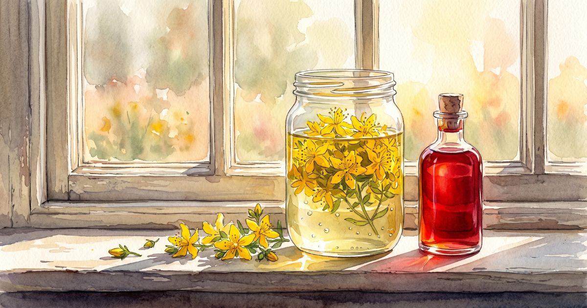 A glass jar of yellow flowers in pale oil on a sunny windowsill beside a small bottle of finished ruby-red oil. 
