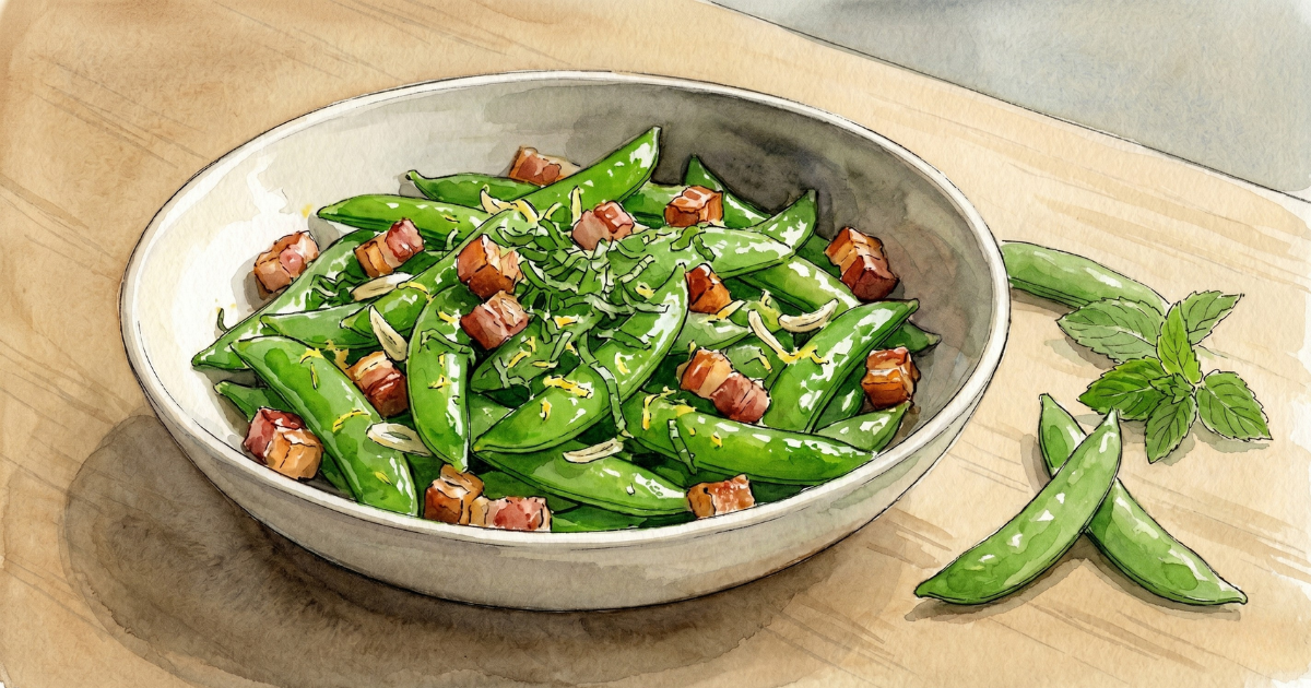 Watercolour bowl of pan-seared sugar snap peas with crisp pancetta, shredded mint and lemon zest on a wooden surface, two raw pods and a mint sprig alongside.