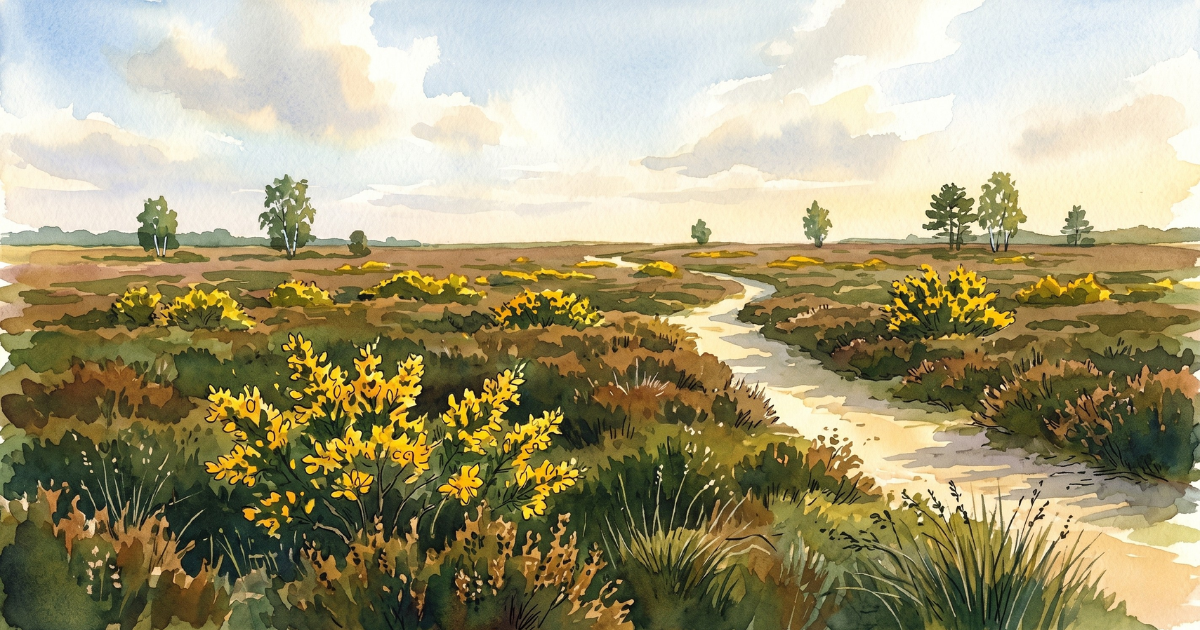 Open heathland in late June, green and brown with gorse in flower, bare sandy path through low vegetation, no purple