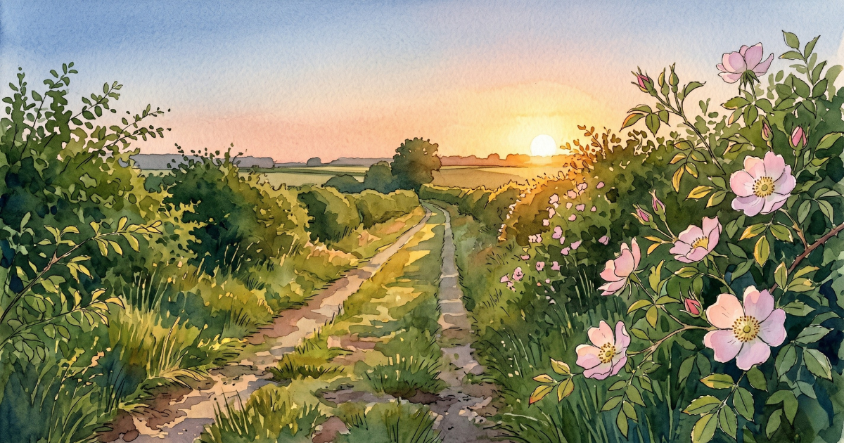 : Hertfordshire field path at nine in the evening near the solstice, low golden light, dog roses in the hedge line.