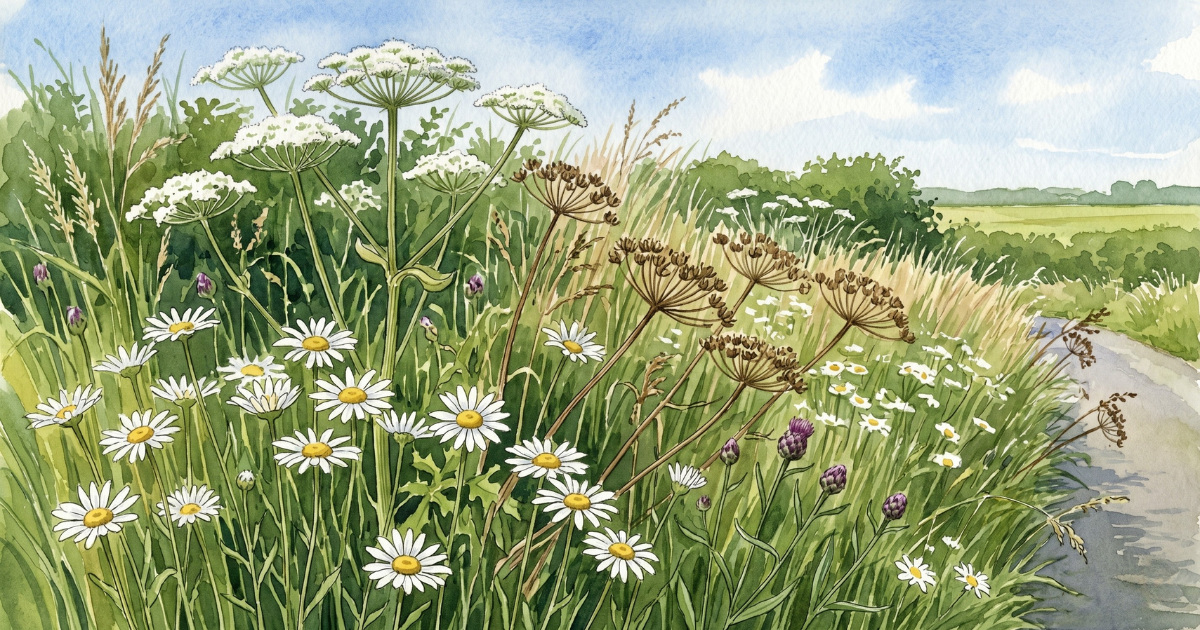 An uncut June road verge in full flower — ox-eye daisies in the front row, browned cow parsley leaning over them, hogweed standing behind — with a country lane curving away at the right.