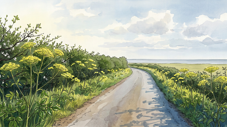 Alexanders (Smyrnium olusatrum) in full yellow-green flower along the verges of a narrow Norfolk coastal lane in late April, with a line of sea in the middle distance.