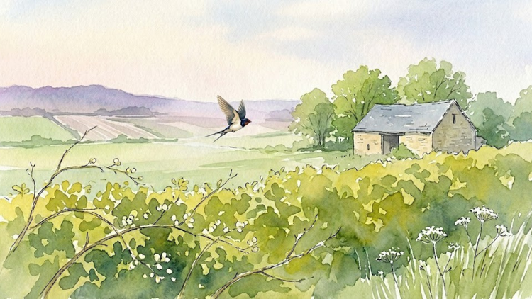 A barn swallow flying low over a hawthorn hedge in the early morning, dark blue upperparts and chestnut throat catching the light, an old stone outbuilding and open pasture beyond.