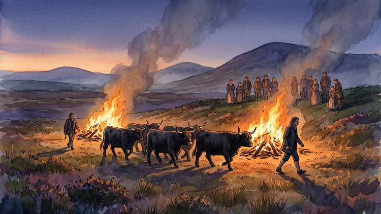 Highland cattle being driven between two bonfires on open moorland at dusk, with figures of parishioners watching from a low slope behind the fires.