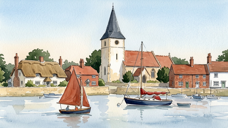 Bosham village and Holy Trinity church reflected in the tidal creek at high water, overcast sky, flat calm water.