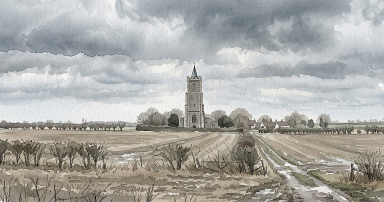 The fifteenth-century tower of St Nicholas Church, Canewdon, rising above flat Essex farmland under heavy grey cloud.