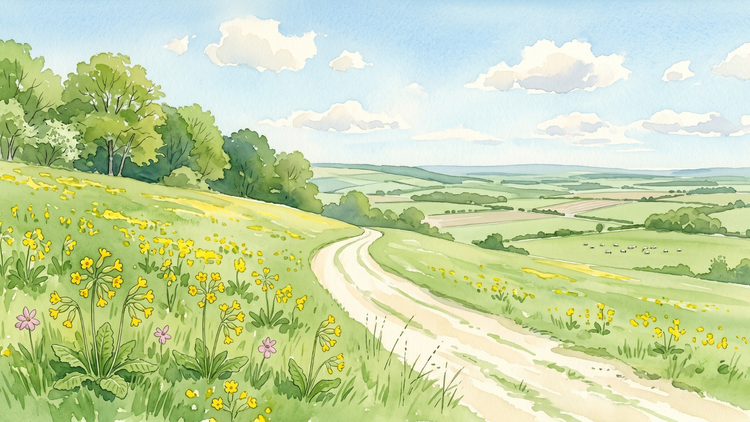 Chalk downland in early spring, bright green turf with cowslips, a drove road visible, blue sky with fast-moving cloud.