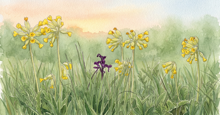Cowslips (Primula veris) in flower on an ancient meadow in May, with a green-winged orchid (Anacamptis morio) among them, viewed from ground level through long grass.