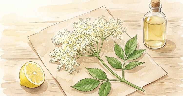 Elder umbel in cream lace against a scrubbed kitchen board, jar of cordial syrup in the corner, morning light from the left.
