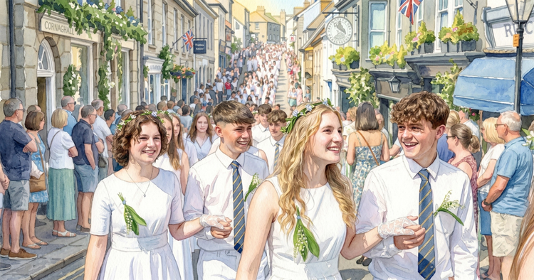 Teenagers in white dresses and shirts wearing lily-of-the-valley crowns dance hand in hand down a crowd-lined street between stone buildings, the road climbing the hill ahead.
