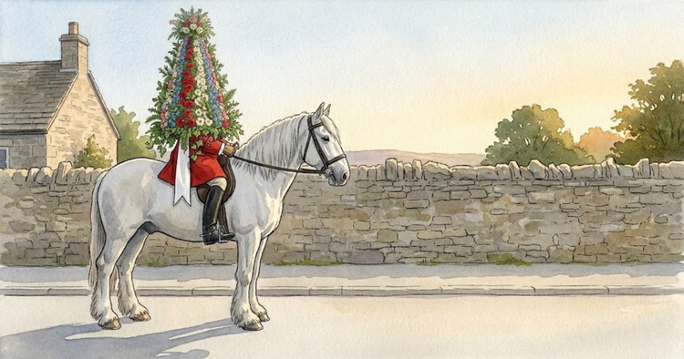 Watercolour of the Castleton Garland King on a grey shire horse. The rider in a red coat is hidden from chest up inside a floral cone of red, blue and white flowers on a wooden frame.