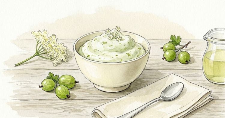 Watercolour still life. A cream bowl of pale green gooseberry and elderflower fool on weathered wood, with green gooseberries, an elderflower head, and a fork on a linen napkin alongside.