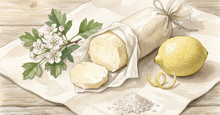 Watercolour of pale hawthorn butter wrapped in muslin and tied with string, partly cut into rounds, beside hawthorn blossom, a lemon and a pinch of salt.