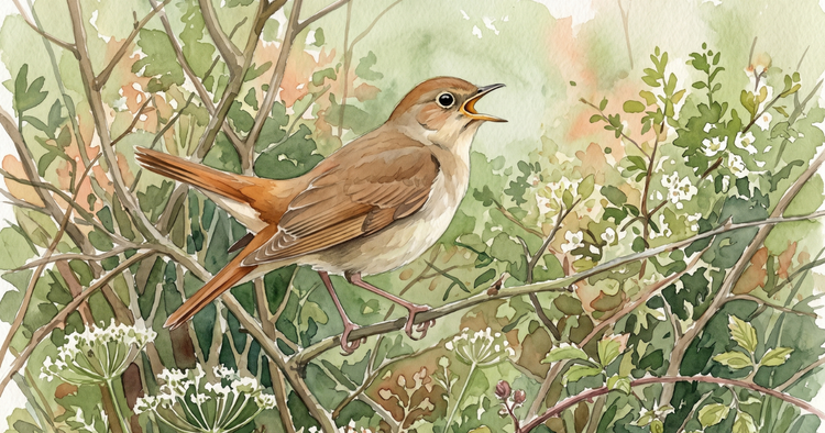 Watercolour of a nightingale perched on a hedge twig, beak open in song, among white blossom and cow parsley against a soft green wash.