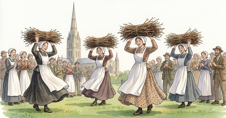 The Nitch Ladies on the green outside Salisbury Cathedral: four women in nineteenth-century fieldworker dress with bundles of hazel and oak twigs balanced on their heads.